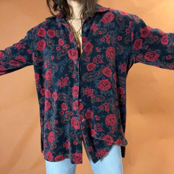 Vintage Floral and Paisley Print Velour 90s Grunge Western Button Down - Picture 2 of 7